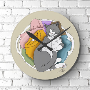 Horloge Ronde Linge Cheveux de Chat Gris Blanc