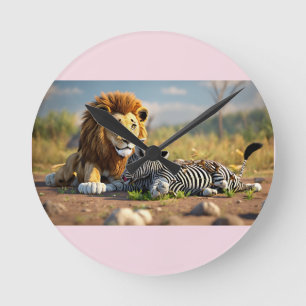 Horloge Ronde Lion de dessin animé 3D mangeant un zèbre – Scène