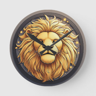 Horloge Ronde Lion d'Or à l'Intérieur du Cercle Cosmique