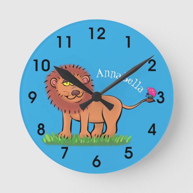 Horloge Ronde Lion joyeux avec dessin animé de papillon (Recto)