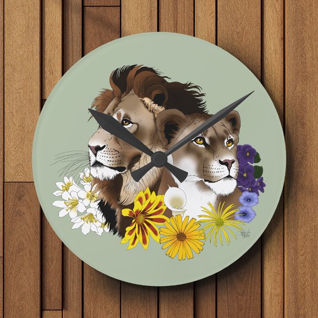Horloge Ronde Lion Lionne Floral Vert  (Créateur téléchargé)