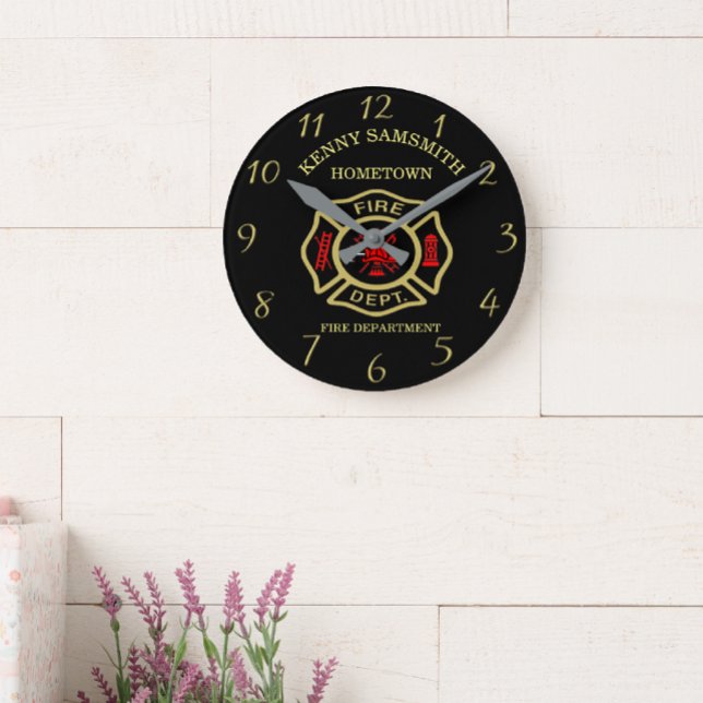 Horloge Ronde Logo du service d'incendie Badge noir et or (Créateur téléchargé)
