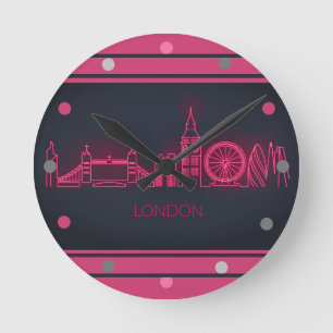 Horloge Ronde Londres Skyline rose néon Look Cityscape Wall