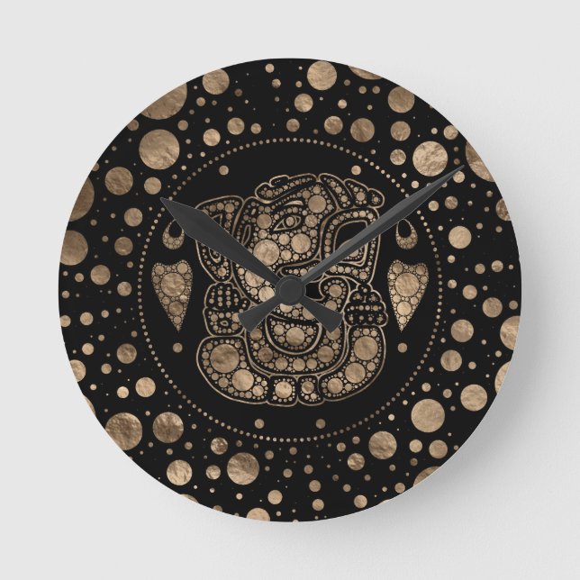 Horloge Ronde Lord Ganesha Gold et Black Dot Art (Recto)