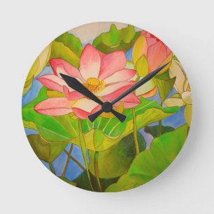 Horloge Ronde Lotus rose nénuphar aquarelle peinture