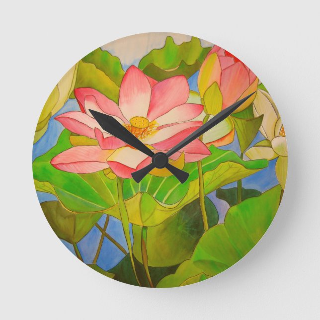 Horloge Ronde Lotus rose nénuphar aquarelle peinture (Recto)