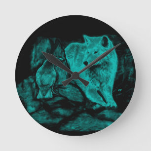 Horloge Ronde Loup et corbeau dans la nuit