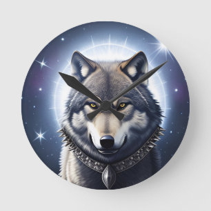 Horloge Ronde Loup majestueux sous un ciel étoilé