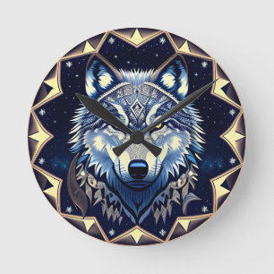 Horloge Ronde Loup Majestueux Sous un Ciel Étoilé