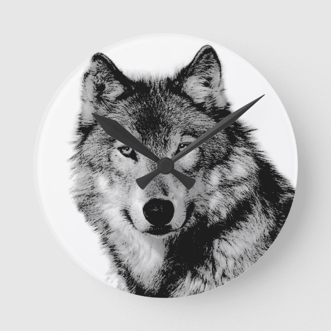 Horloge Ronde Loup noir et blanc (Recto)