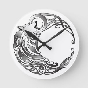 Horloge Ronde Loup tribal - Ombragé