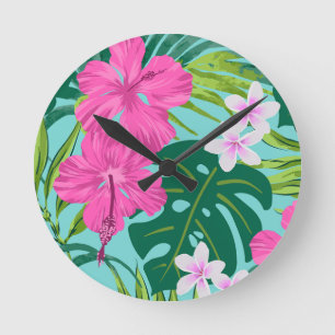 Horloge Ronde Luna Hibiscus Garden Hawaiian - Rose et Turq