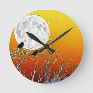 Horloge Ronde Lune d'automne Gothique Orange coucher de soleil