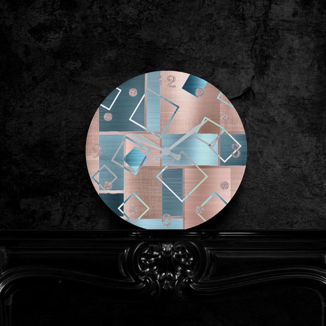 Horloge Ronde Luxe Abstrait | Blush Rose Gold et Turquoise Géomé (Créateur téléchargé)