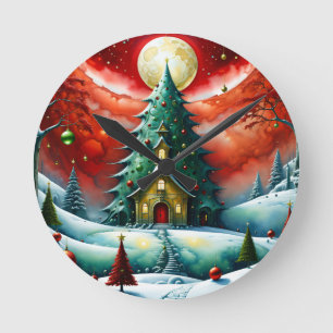 Horloge Ronde magie de Noël, moderne, rouge, vert,
