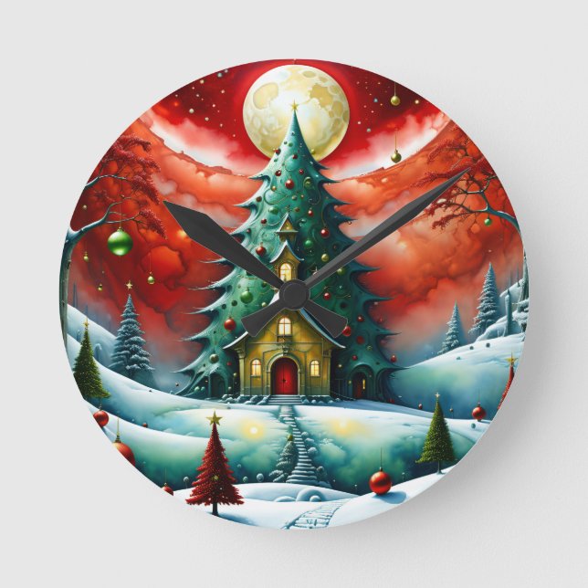 Horloge Ronde magie de Noël, moderne, rouge, vert, (Recto)
