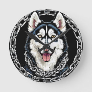 Horloge Ronde Magnifique chien husky aux couleurs vives