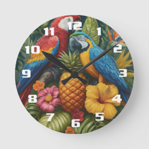 Horloge Ronde Magnifique perroquet tropical à l'ananas et fleurs