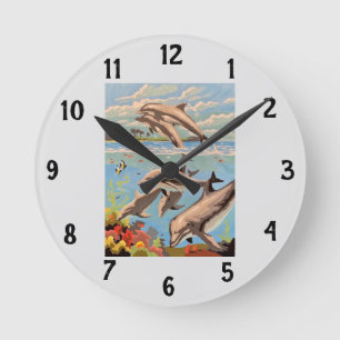 Horloge Ronde Main Painted by Number   Dolphins  
