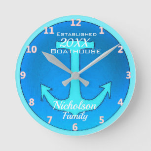 Horloge Ronde Maison de famille grande personnalisée en bleu