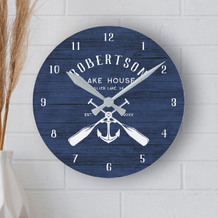 Horloge Ronde Maison de famille nautique Ancre Marine Bleu Bois