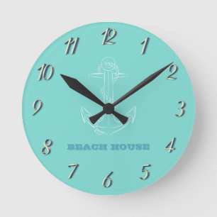 Horloge Ronde Maison de plage, Ancre, Vert menthe