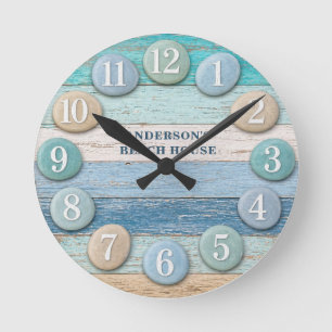 Horloge Ronde Maison de plage en bois patiné bleu rustique côtie