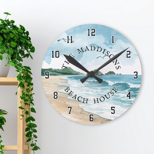 Horloge Ronde Maison de plage familiale à l'aquarelle bord de me