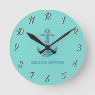 Horloge Ronde Maison de plage nautique, Ancre, Corde, Vert Menth
