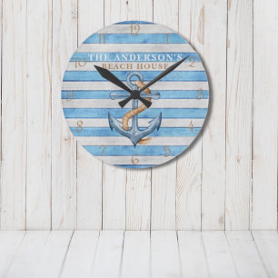 Horloge Ronde Maison de plage rustique rayures nautiques personn