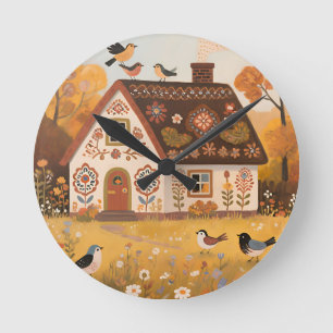 Horloge Ronde Maisonnette d'art populaire Oiseaux Automne