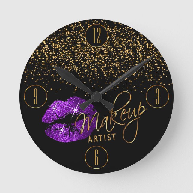 Horloge Ronde Makeup Artist Purple Lips with Gold Confeti (Recto)