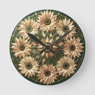 Horloge Ronde Mandala Art déco Tournesol doré sur fond vert émer