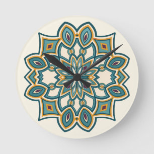 Horloge Ronde Mandala de la Fleur de Teal