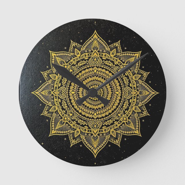 Horloge Ronde Mandala Étoile Dorée sur Fond Noir (Recto)