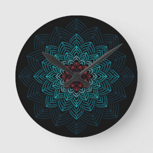 Horloge Ronde Mandala Fleur Aqua et Rouge