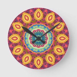 Horloge Ronde Mandala Floral Abstrait Coloré Lumineux
