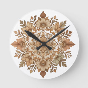 Horloge Ronde Mandala floral complexe aux tons bruns Art