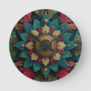 Horloge Ronde Mandala floral texturé complexe en sarcelle et or