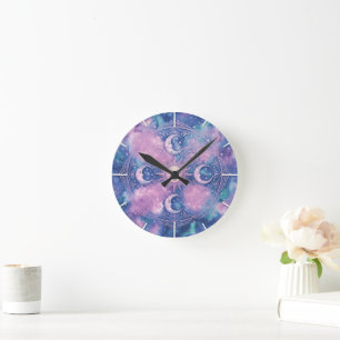 Horloge Ronde Mandala Galaxie Nébuleuse Soleil & Lune Céleste