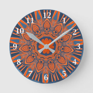 Horloge Ronde Mandala orange de bleu marine