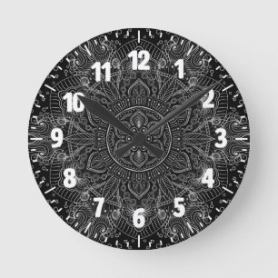 Horloge Ronde Mandala oriental de zen noir et blanc