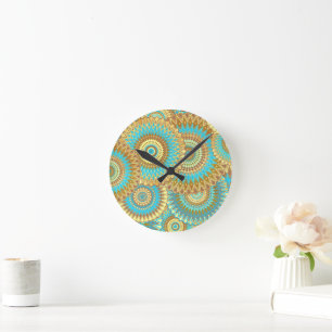 Horloge Ronde Mandala superposé bleu marron or