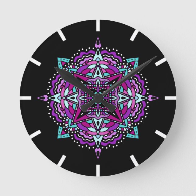 Horloge Ronde Mandala violet et Turquoise (Recto)