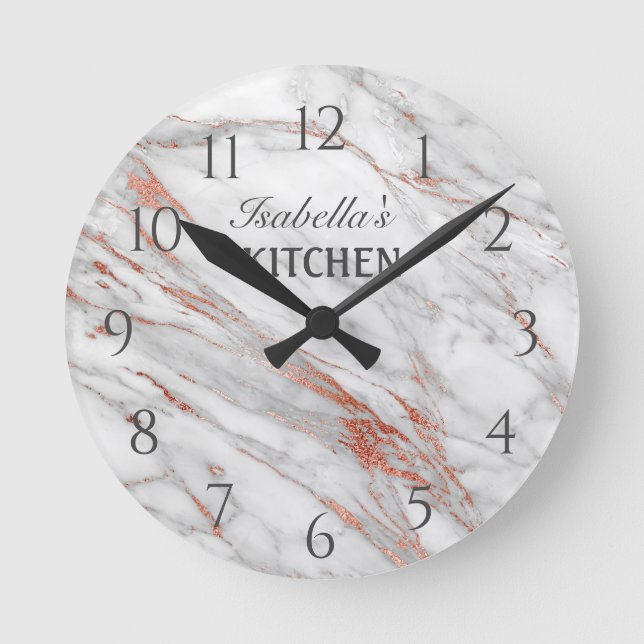 Horloge Ronde Marbre blanc Rose or cuivre Parties scintillant Cu (Recto)
