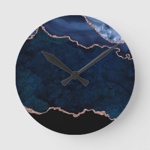 Horloge Ronde Marbre Bleu Abstrait De Minuit Avec Or Rose
