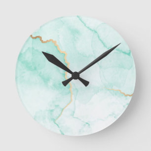 Horloge Ronde marbre bleu turquoise ondulé carreaux d'aquarelle
