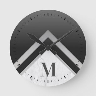 Horloge Ronde Marbre Chevron d'argent noir monogramme