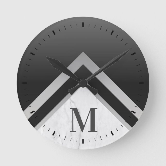 Horloge Ronde Marbre Chevron d'argent noir monogramme (Recto)