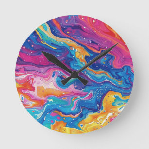 Horloge Ronde marbre, couleurs arc-en-ciel, design géométrique, 